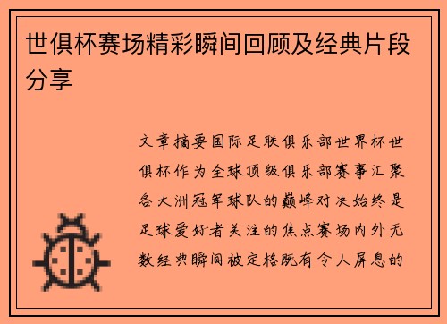 世俱杯赛场精彩瞬间回顾及经典片段分享