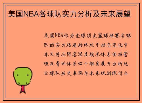 美国NBA各球队实力分析及未来展望