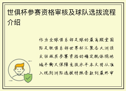 世俱杯参赛资格审核及球队选拔流程介绍